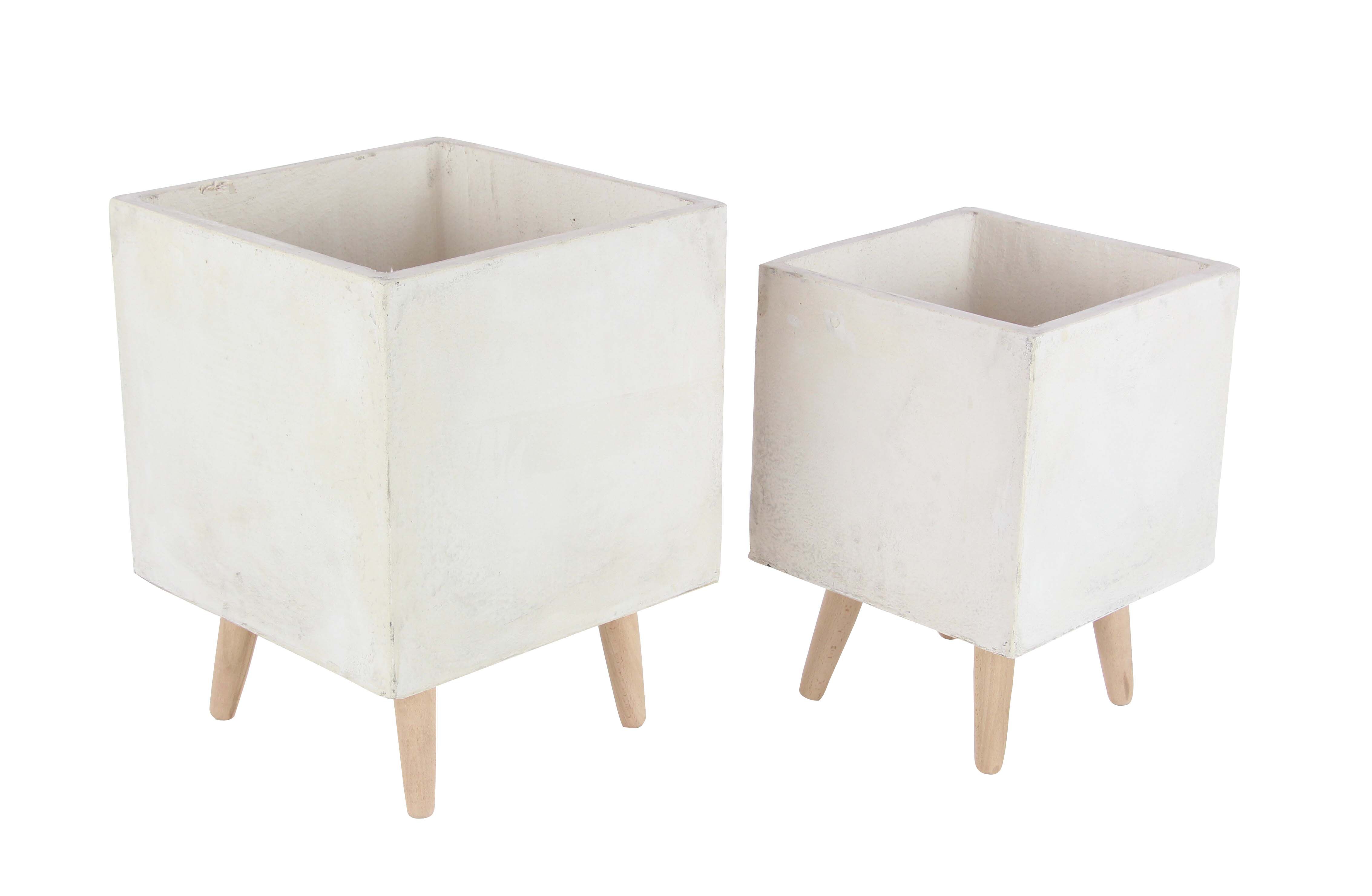 Decmode Contemporary Fiberclay Planters with Wooden Stand, White, Set of 2 | Walmart (US)