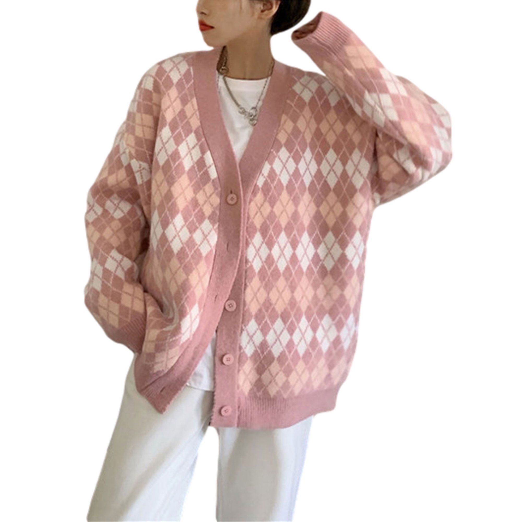 Women Button Down Knit Sweater Long Sleeve V Neck Argyle Print Loose Cardigan Coat | Walmart (US)
