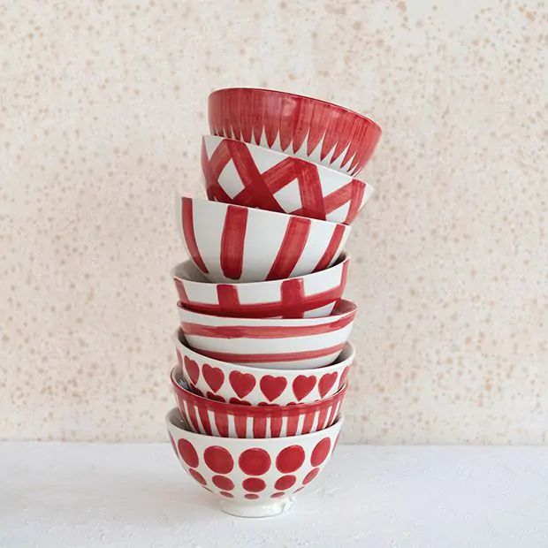Red and White Painted Stoneware Bowl Set of 8 | Antique Farm House