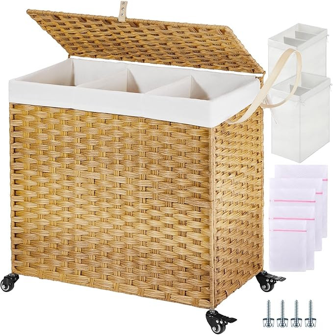 Greenstell Laundry Hamper with Wheels&Lid, 130L Large 3 Sections Clothes Hamper with 2 Types Remo... | Amazon (US)