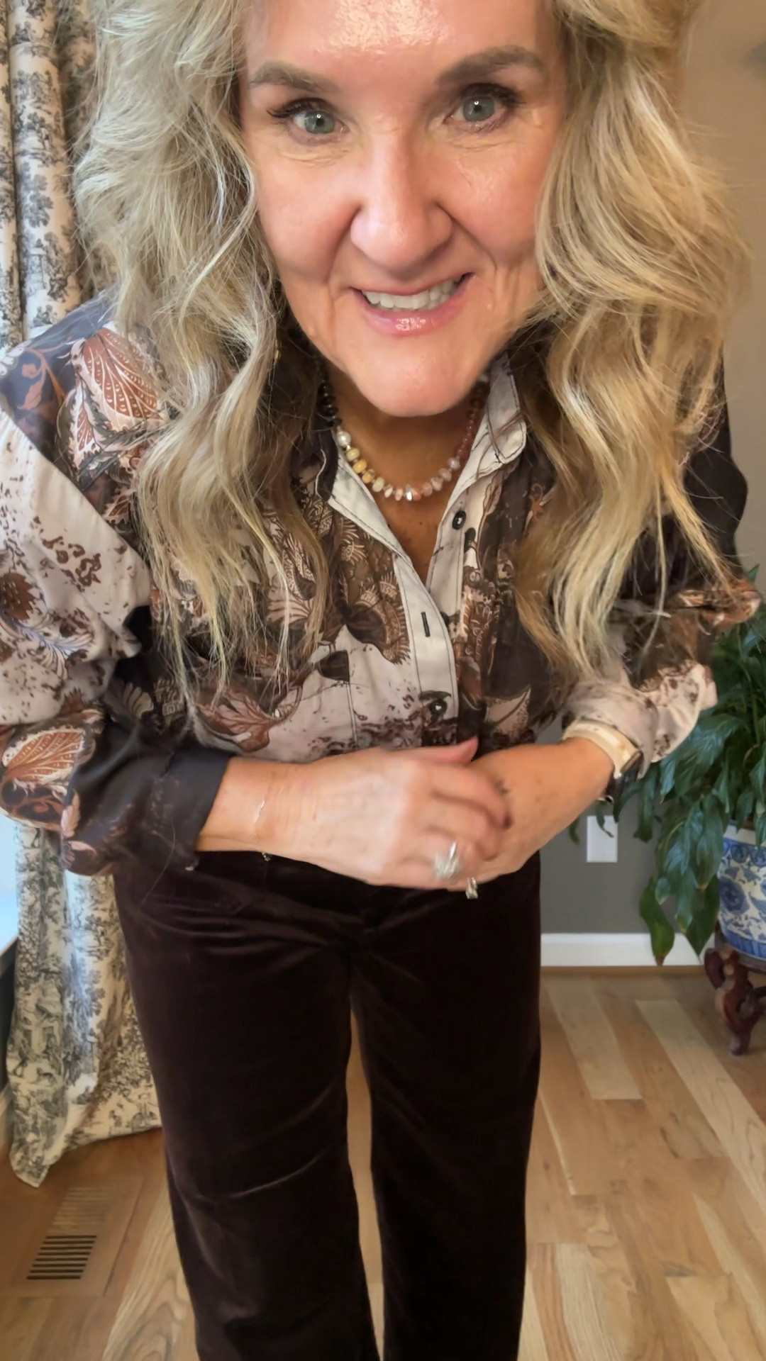 Size med blouse 
Size 30 pants. I like my larger size so they’re a little looser fit. It feels more elegant. Love the brown but comes in several other colors too. 

Boots size up 1/2 size. Very comfortable. Great heel height. 

Anthropologie Colette pants satin blouse tunic length blouse brown blouse velvet pants Thanksgiving outfit 

#LTKMidsize #LTKSeasonal #LTKOver40