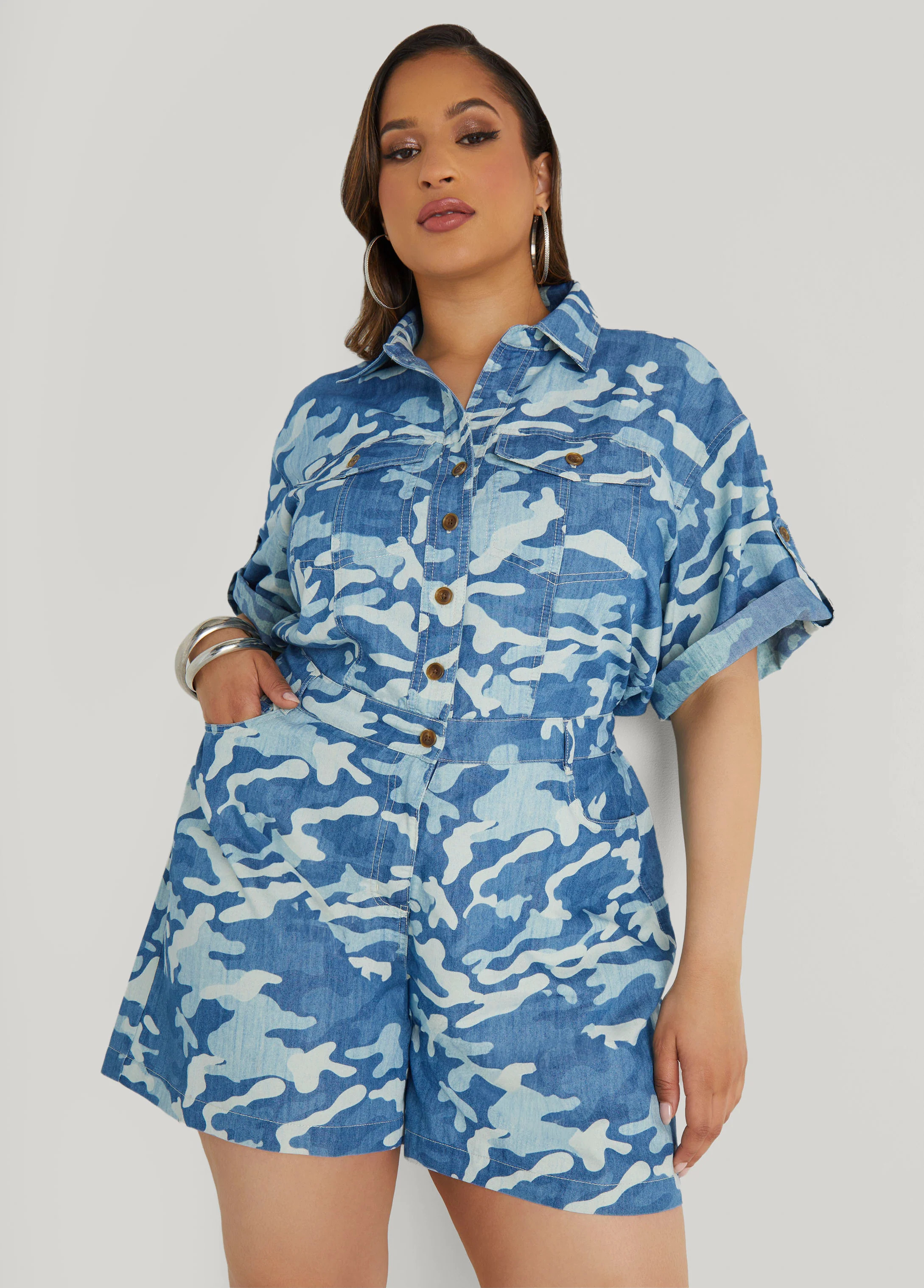Camo Print Denim Romper | Ashley Stewart
