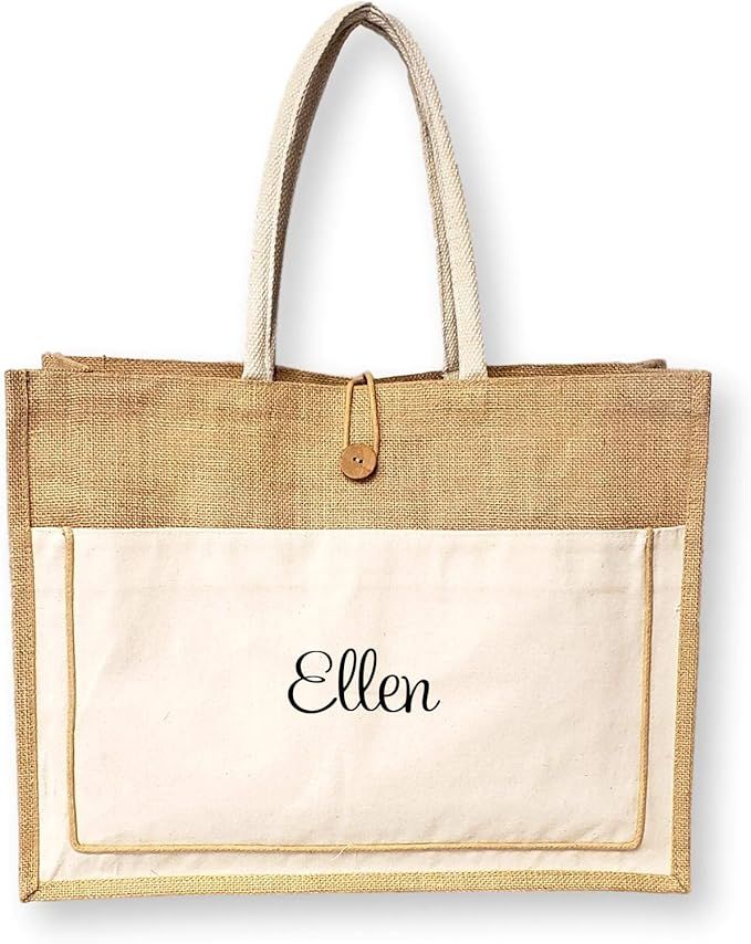 Vintage Style Jute with Cotton Pocket Reusable Large Tote Grocery Shopping Bag - Custom Personali... | Amazon (US)