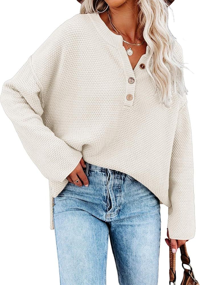 Saodimallsu Women's Oversized Sweaters Batwing Long Sleeve Loose V Neck Button Henley Tops Pullover  | Amazon (US)