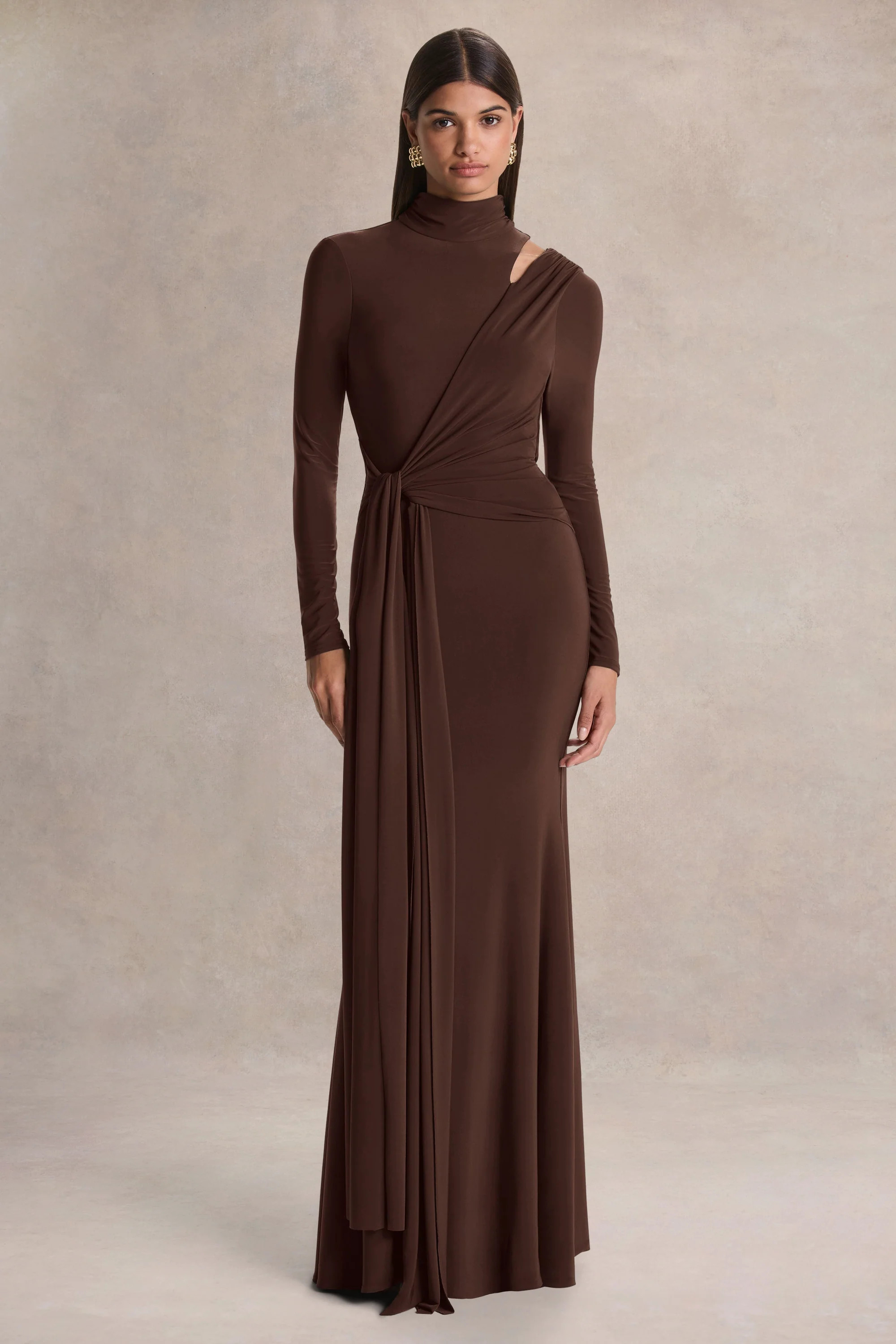 Alastrina | Brown High-Neck Maxi Dress With Gathered-Detailing | Club L London