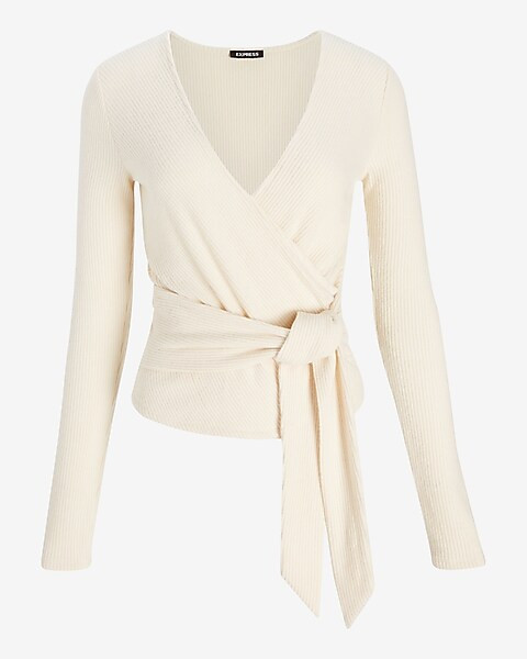 Ribbed Faux Wrap Tie Waist Long Sleeve Top | Express