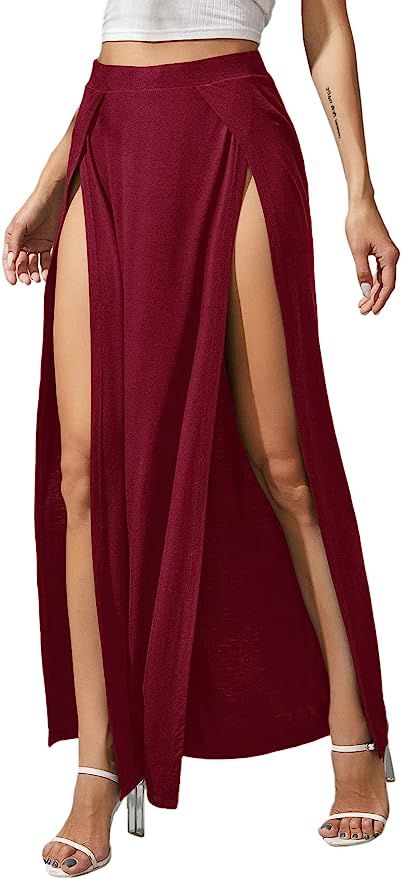 Verdusa Women's Elastic Waist High Split Wrap Flowy Long Maxi Skirt | Amazon (US)