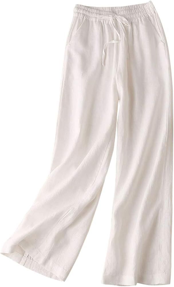 IDEALSANXUN Womens Casual Elastic Waist 100% Linen Straight Leg Pants Loose Fit Palazzo Pants | Amazon (US)
