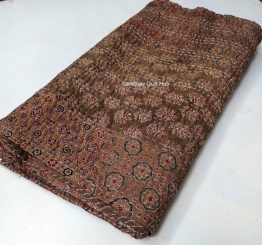 Brown Ajrakh Hippie Queen Kantha Quilt Handmade Bohemain Bedspread King Size Vegetable Dye Kantha... | Amazon (US)
