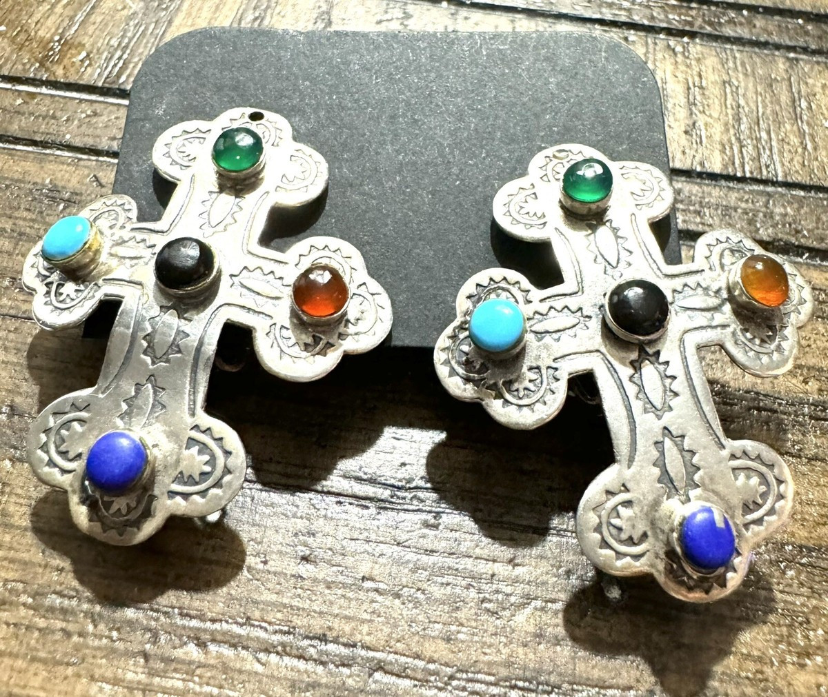 Native American Sterling Silver Cross Earrings Turquoise, Spiny Oyster & Lapis | eBay US