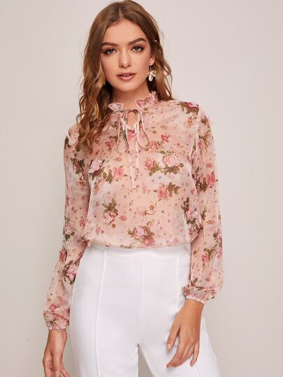 SHEIN Frill Tie Neck Floral Print Sheer Chiffon Blouse | SHEIN