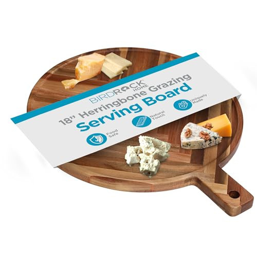BIRDROCK HOME 18in Herringbone Wooden Serving Board | Large Serving Platters Wood Round Charcuterie Boards for Party Food Dish with Handle | Cheese & Grazing Board for Parties | Appetizer Food Boards | Amazon (US)