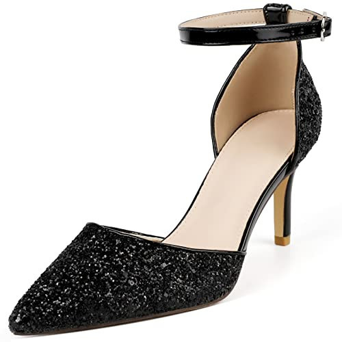 RIBONGZ Glitter Black Heels for Women Sparkly Closed Toe High Kitten Heels Sexy Ankle Strap Pumps Womens Work Office Party Dress Shoes 6.5 | Amazon (US)