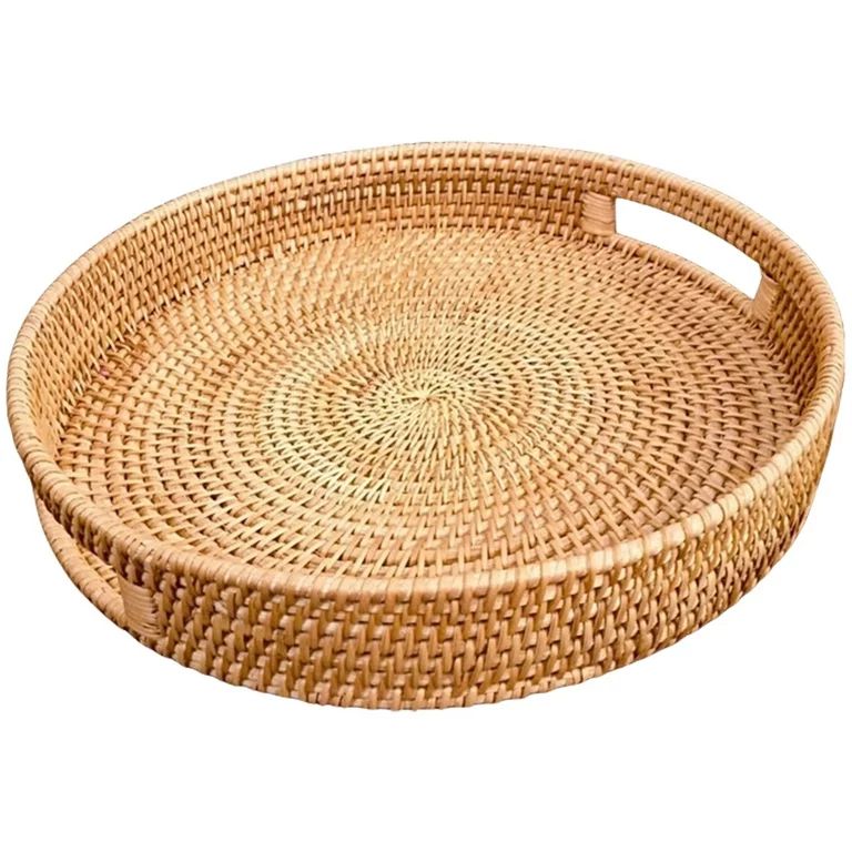 Hemoton Woven Rattan Serving Tray Round Woven Fruits Basket Decorative Rustic Table Tray with Han... | Walmart (US)
