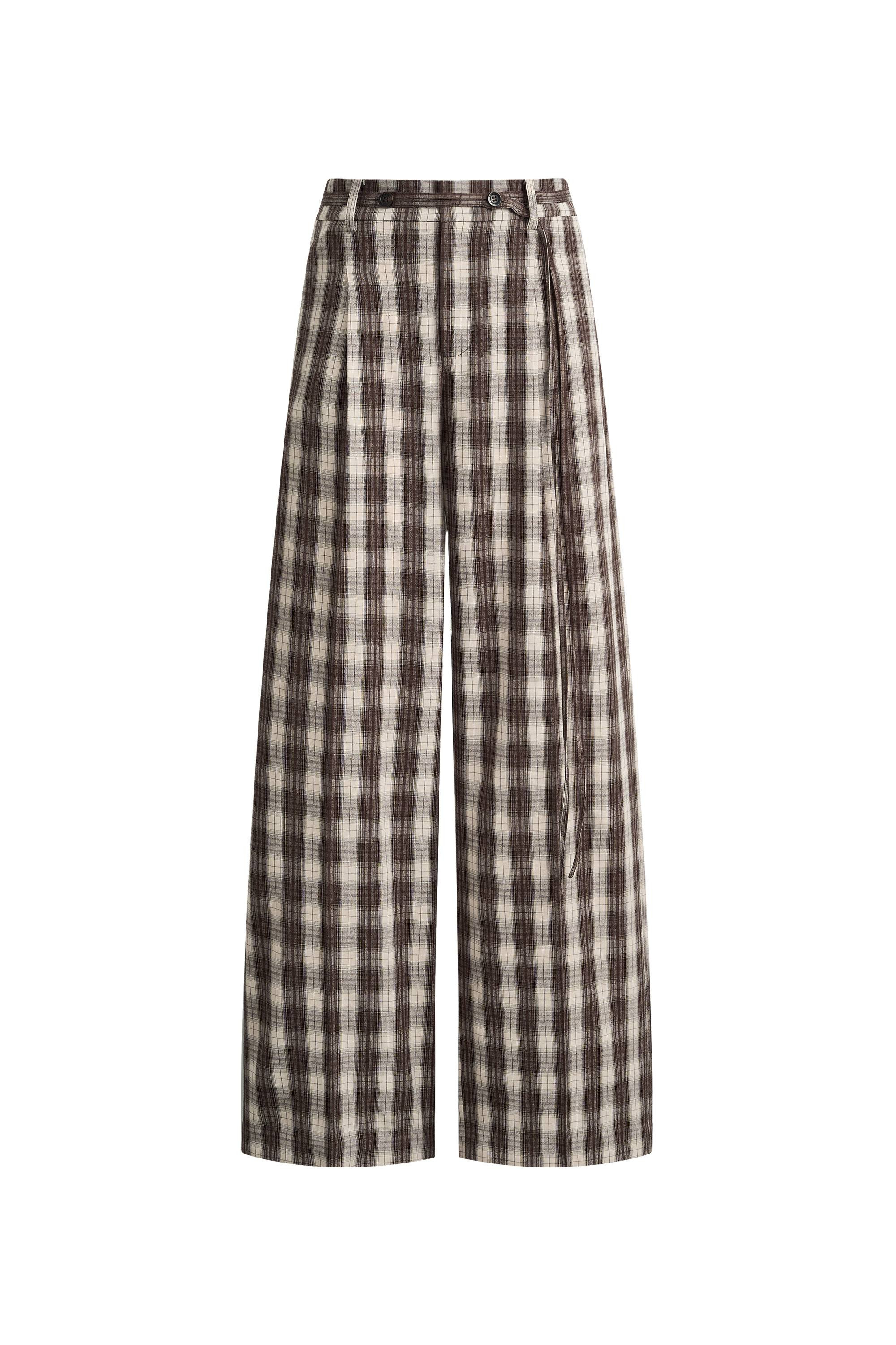 Joy Plaid Tie-Waist Straight Pants in Lightweight Plaid Fabric | Fabrique