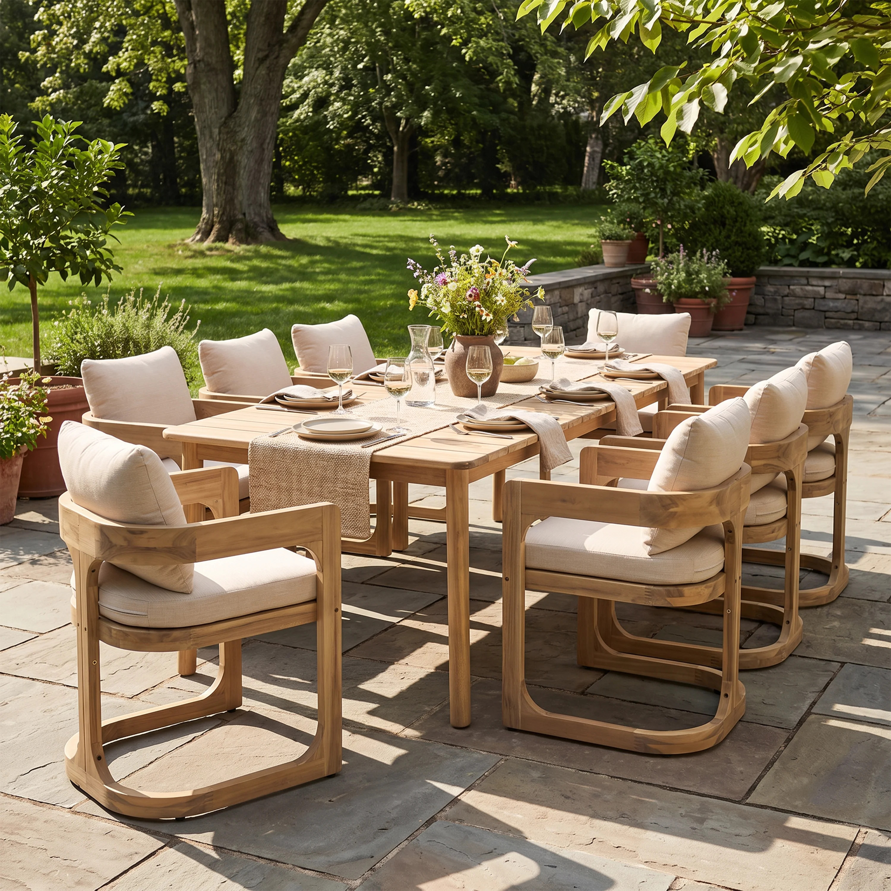 Jameston 8-Person Mid-Century Modern Solid Acacia Wood Outdoor Dining Set with Cushioned Sled-Base Chairs and Slatted Table | Wayfair North America