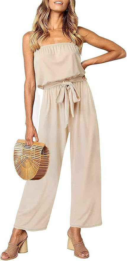 ZESICA Women's 2024 Casual Off Shoulder Solid Color Strapless Belted Wide Leg Jumpsuit Romper | Amazon (US)