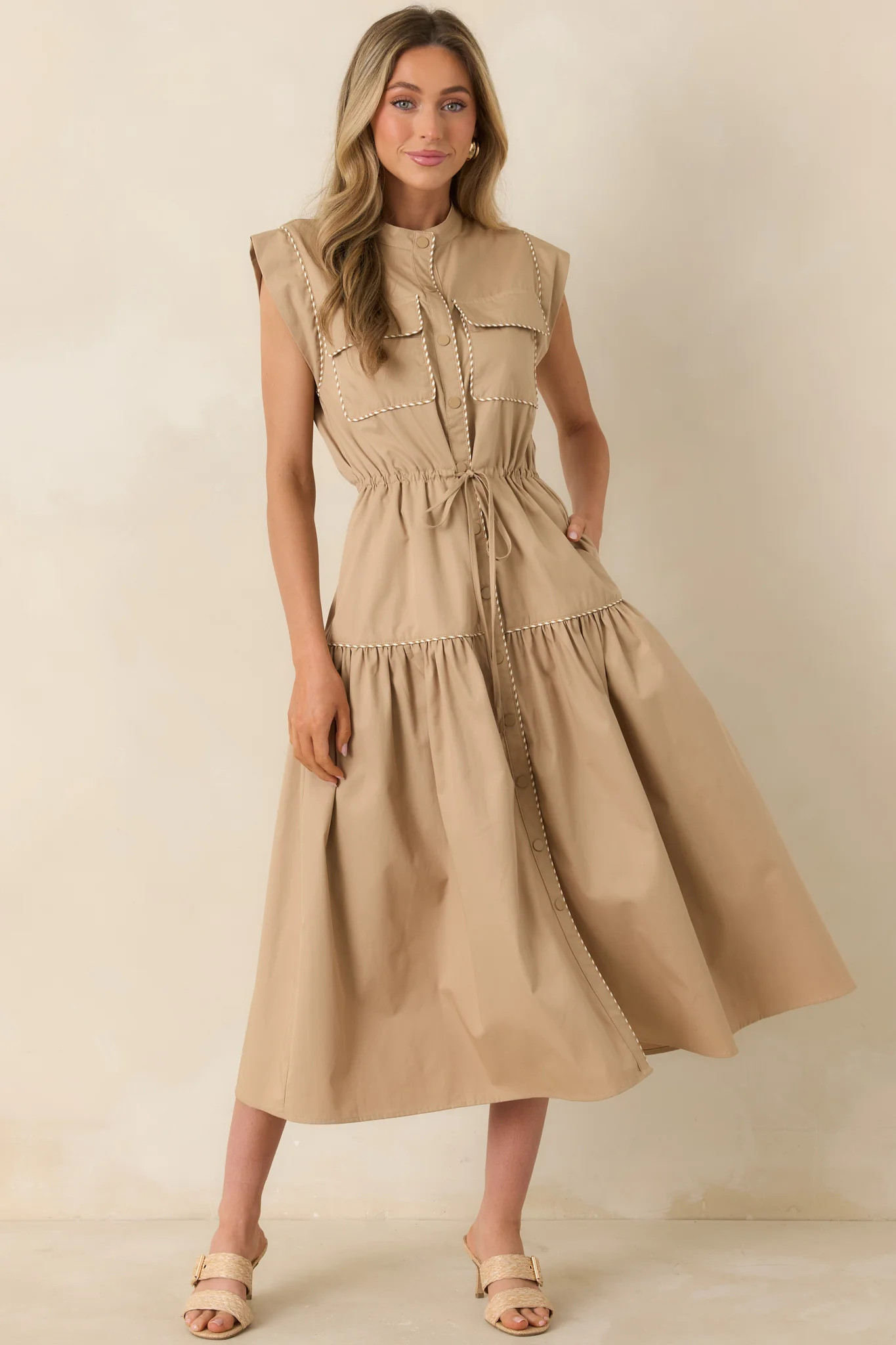 Ready For Anything Tan Button Front Utility Midi Dress | Red Dress