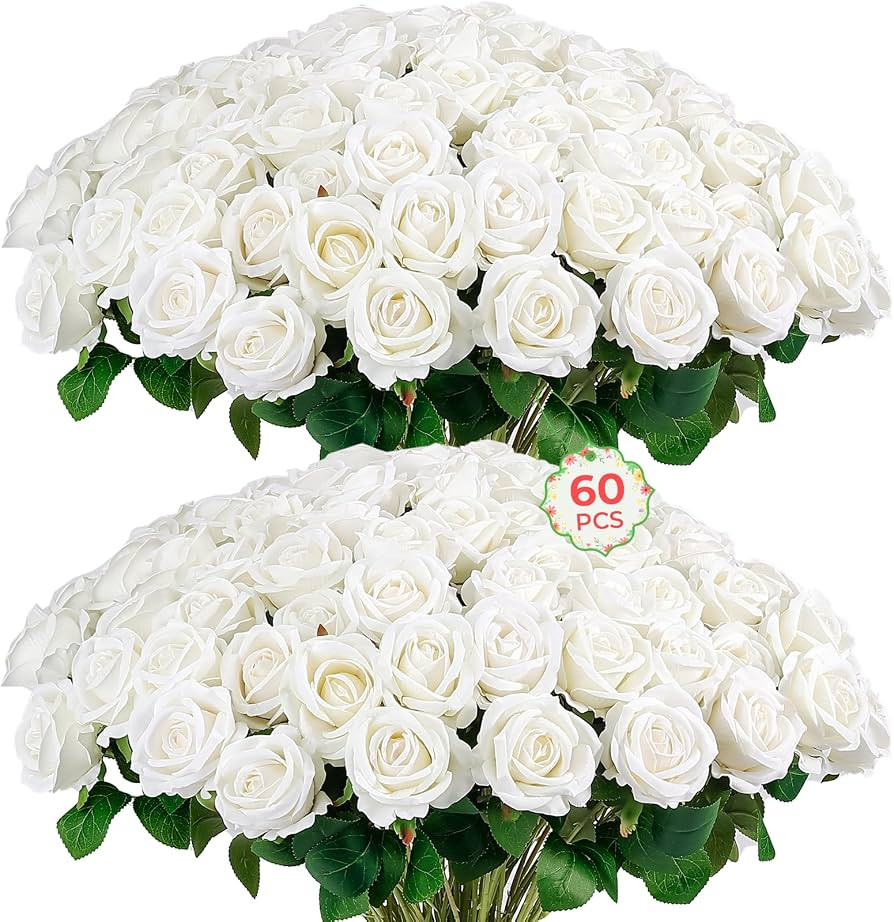 Auihiay 60PCS Artificial Roses Bulk, White Velvet Silk Fake Roses, Realistic White Flowers for We... | Amazon (US)