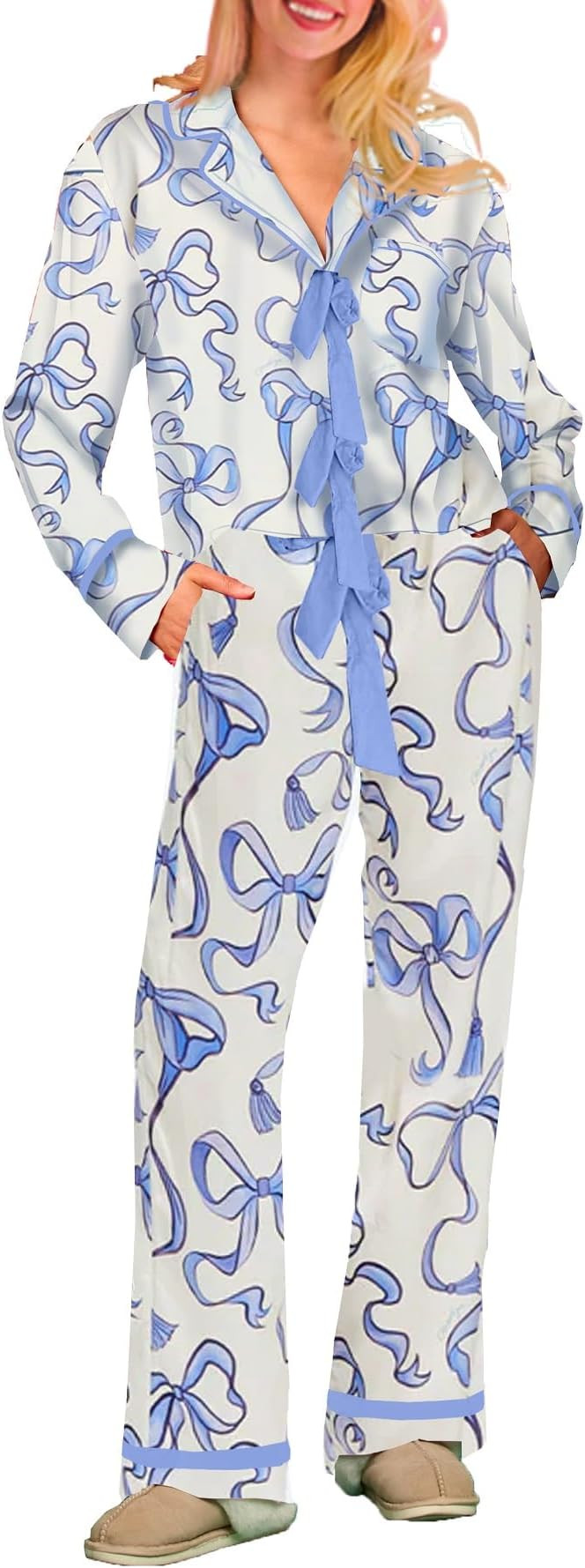 Faretumiya Cute Christmas Pajamas Women Bow Tie Long Sleeve Shirt Pants Pj Set Xmas Graphic Print... | Amazon (US)