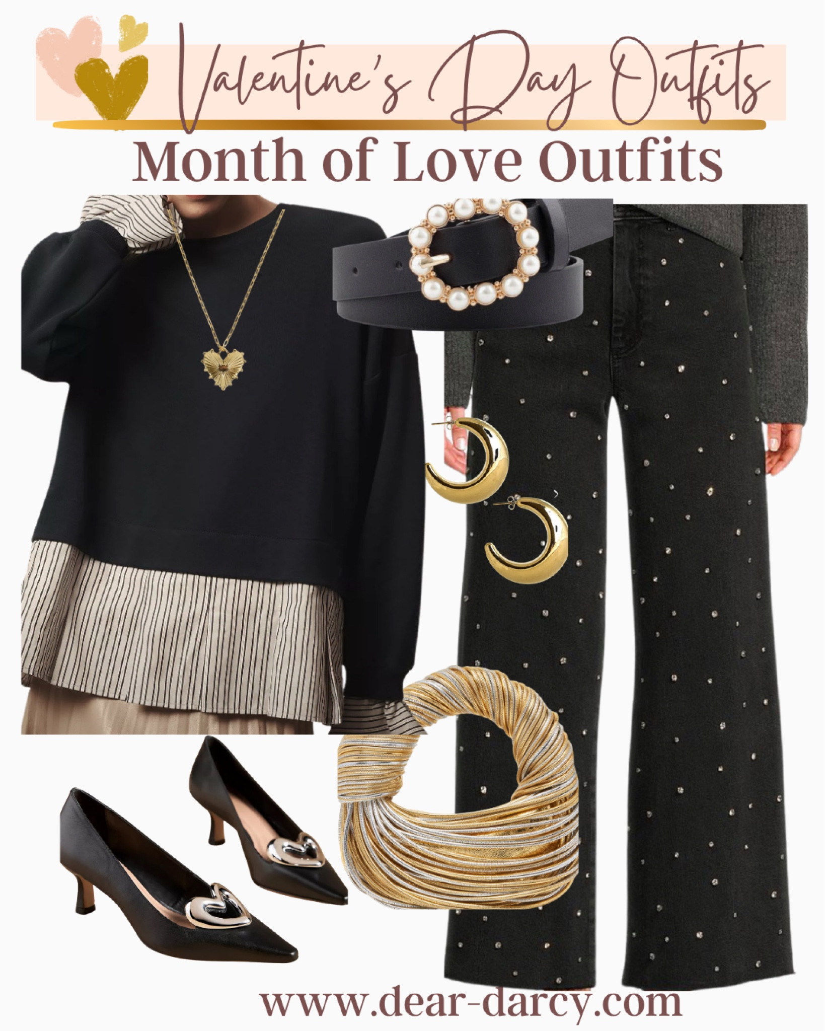 Valentine outfit inspo
You could wear year round and yo work
🖤🖤🖤

This is an outfit I want all of the pieces!
Mav top  I love the two in one layering look  tts

 Alexandra Stretch Denim Rhinestone High Rise Wide-Leg Jeans  embellished black by Antioa Melina tts 
So cute

Place kitten heal with metal gold heart embellishments tts
So cute I can’t stand it🖤🖤🖤

🚨Designer i bag
But I also linked a great $45 inspired by bag

Gold hoop

Amazon find -pearl  buckle black belt tts I got in red a sm.

Heart necklace great price 
And gift



#LTKWorkwear #LTKStyleTip #LTKGiftGuide