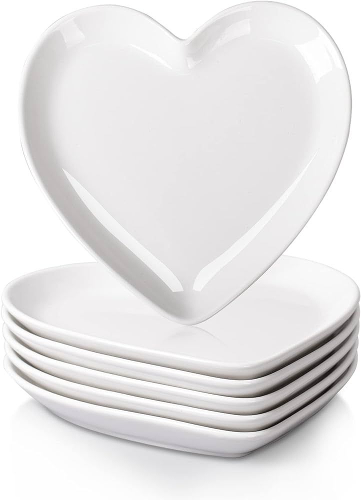 DELLING Heart Shaped Dessert Salad Plates- 6 Pack, 7.3 Inch Ceramic White Dinner Plates, Heart Di... | Amazon (US)
