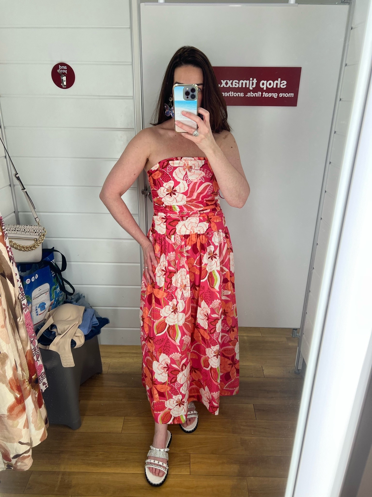 Pink and white floral strapless dress (s). White studded sandals (8.5). #dress #dresses #straplessdress #floraldress #pinkdress #sandals #studdedsandals #whitesandals
wedding guest dress summer

#LTKootd #LTKSeasonal