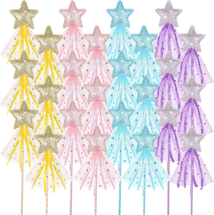 Honoson 12 Pcs Glitter Star Magic Wand Princess Wand Fairy Angel Star Stick with Ribbon for Girl ... | Amazon (US)