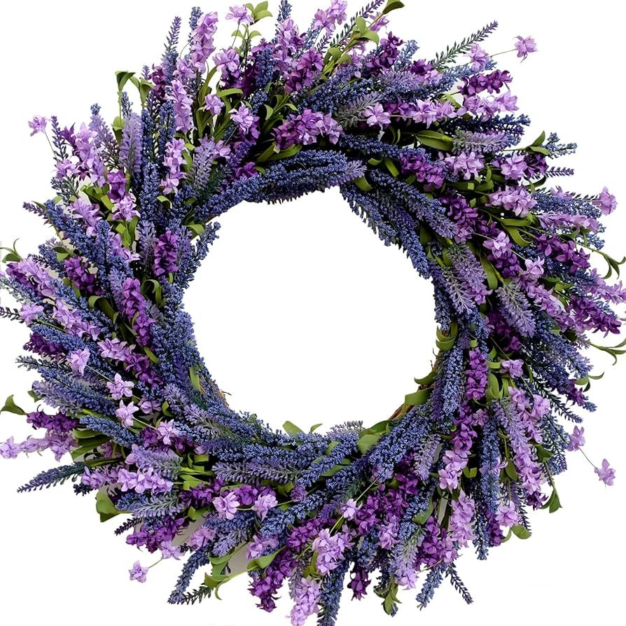 24 Inch Purple Lavender Flower Wreath for Front Door, Spring Summer Forsythia Lavender Flowers Wr... | Amazon (US)