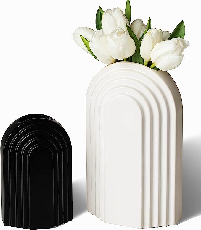 Artistic Black and White Vase Set, 9.45” Tall White Ceramic Vase for Flowers and 6.3” Small B... | Amazon (US)
