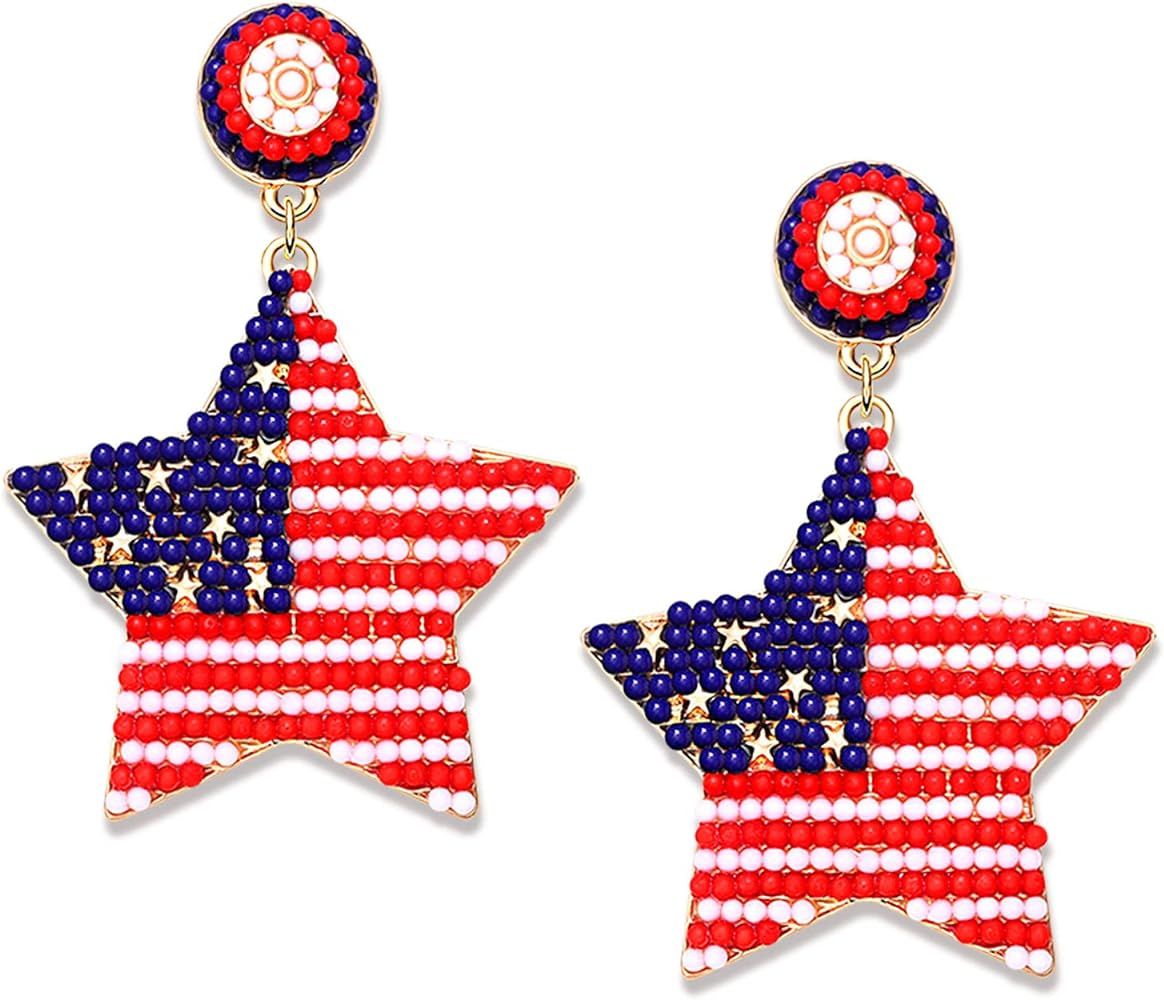 Patriotic Earrings 4th of July Earrings for Women Beaded American Flag Star Dangle Earrings Independ | Amazon (US)