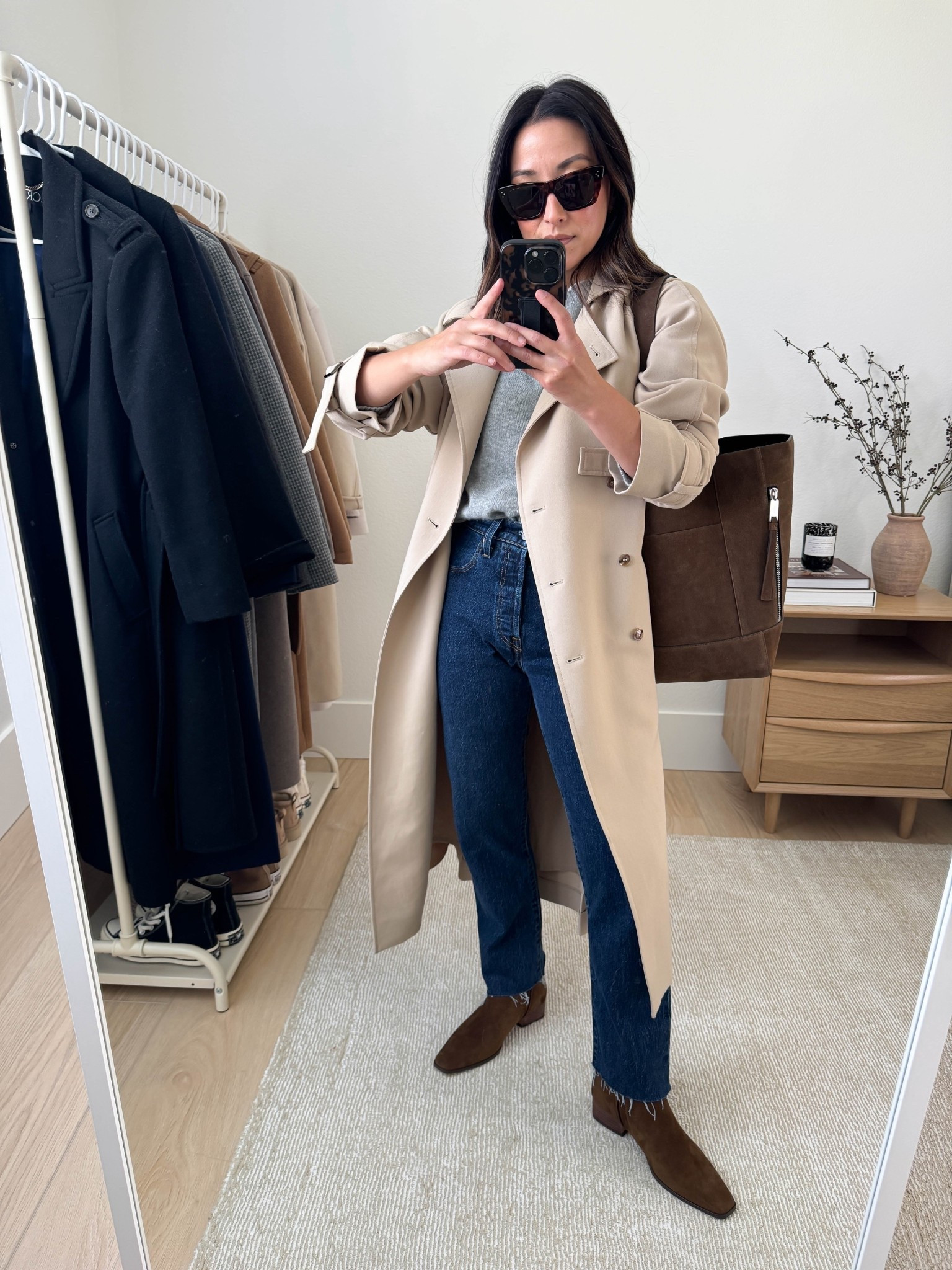 Outfit ideas with flat ankle boots. 

Oak & Fort trench xxs
Everlane sweater xs
Levis 501 crop jeans in the 28" inseam and I cut the hems
Steve Madden booties 5.5
All Saints tote
Celine sunglasses

Petite style, fall outfits, fall style 

#LTKCyberWeek #LTKPetite #LTKSeasonal