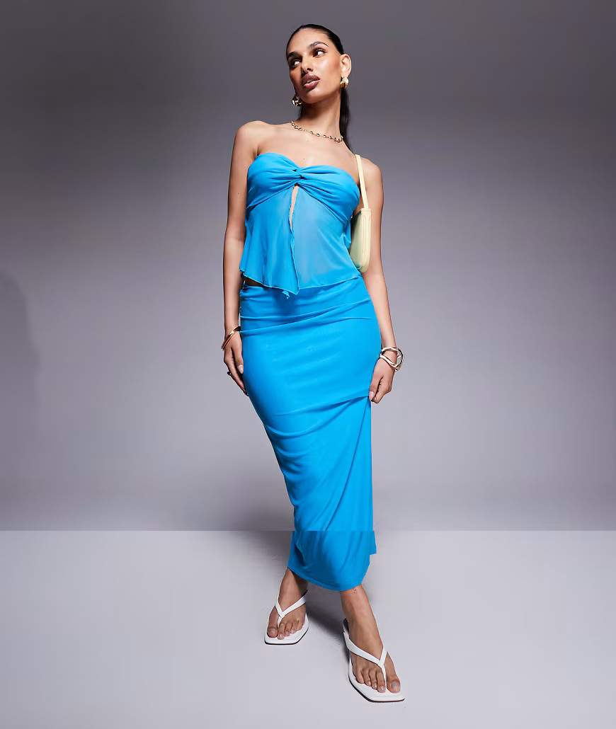 Princess Polly mesh bandeau twist split front top and maxi skirt full set in turquoise-Blue | ASOS (Global)