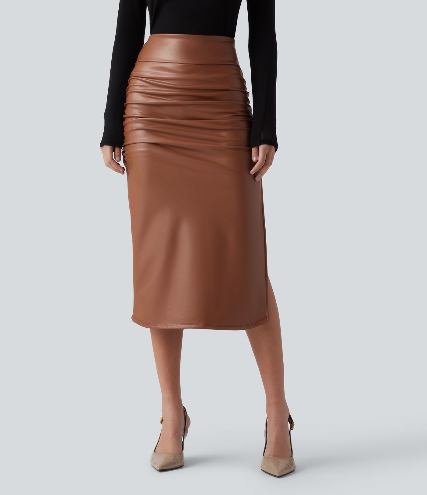 Women’s High Waisted Tummy Control Ruched Curved Hem 2-in-1 Fleece PU Midi Casual Skirt - Halar... | HALARA