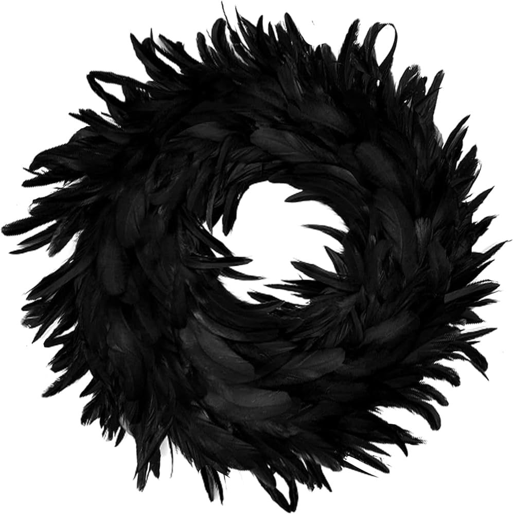 SUNYPLAY Halloween Black Feather Wreath 13.8 Inch Natural Feathers Wreaths for Front Door Wall Ha... | Amazon (US)