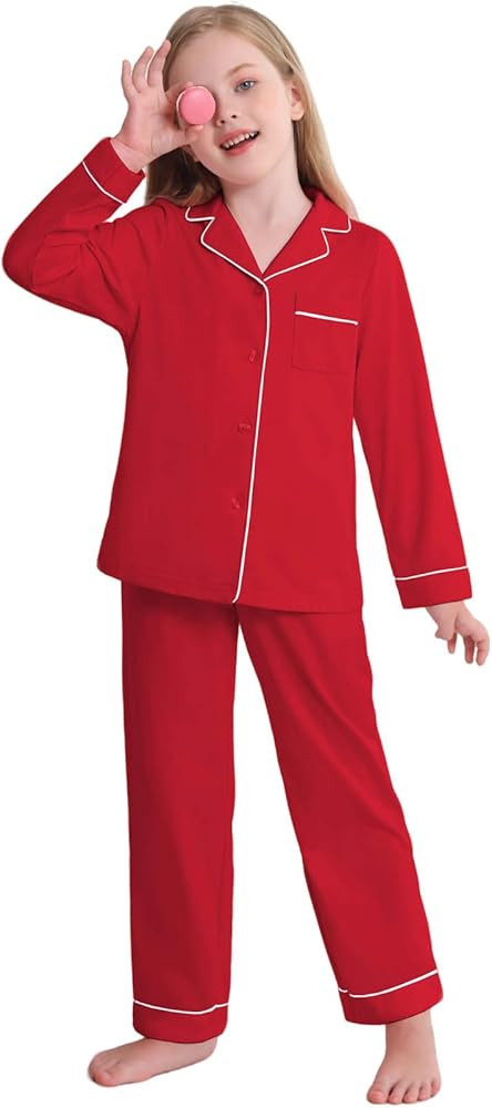 Veseacky Unisex Girls Boys Pajamas Long Sleeve Sleepwear Button-Down 2 Pcs Pjs Set for 5-14 Years | Amazon (US)
