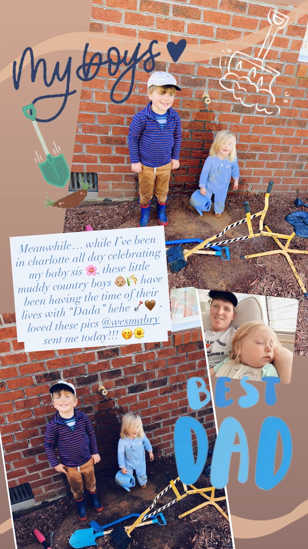 Meanwhile… while I’ve been in Charlotte 🏙️ all day celebrating my baby sis 🌸, these little muddy country boys 👶🏼🌾 have been having the time of their lives with “Dada” hehe 🪏🤎 - loved these pics @wesmabry sent me today!!! 🤭🌼