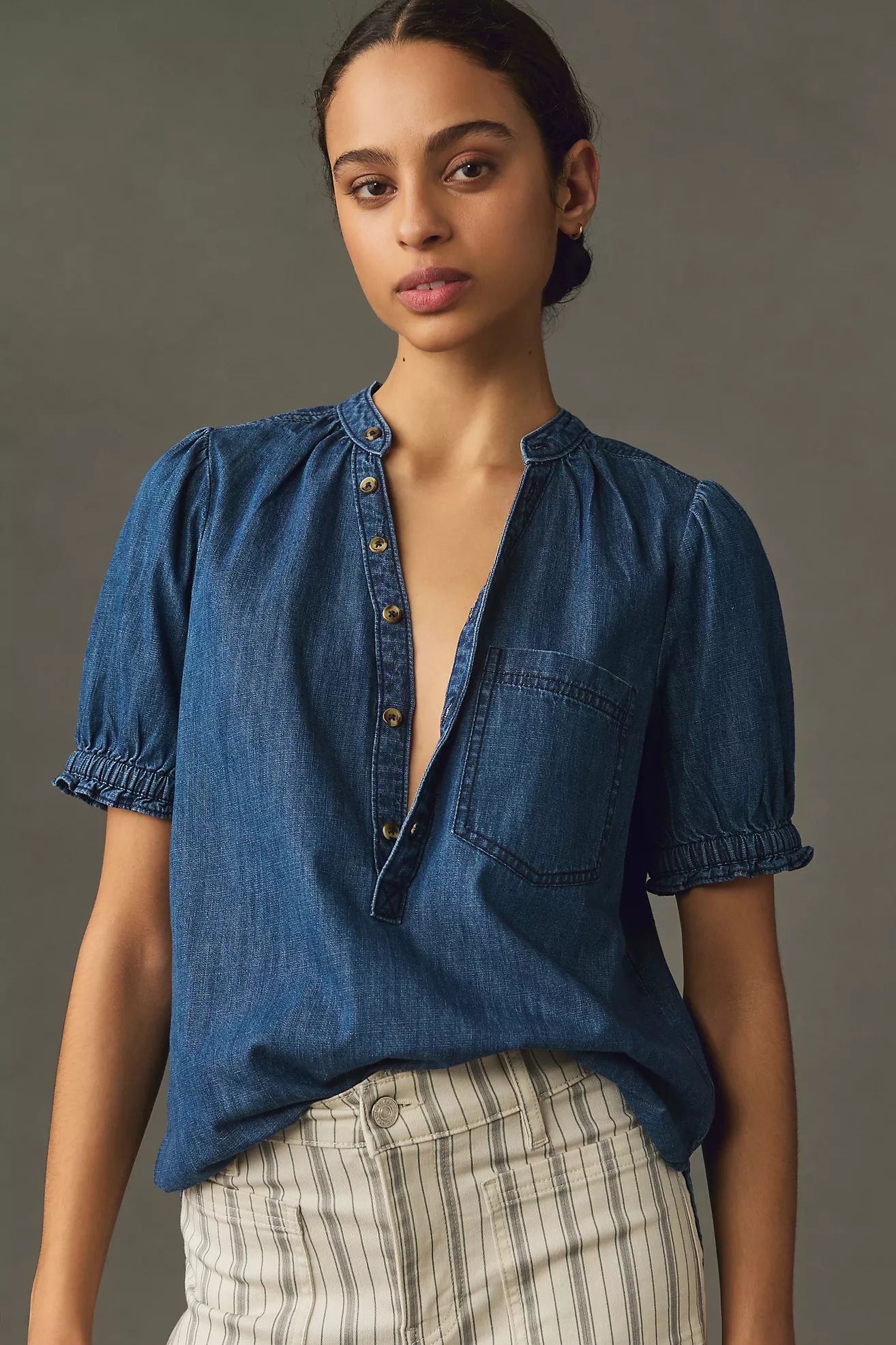 Aly Puff-Sleeve Blouse by Pilcro: Chambray Edition | Anthropologie (US)