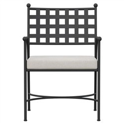 Emeline Cream Upholstered Black Iron Outdoor Dining Arm Chair | Kathy Kuo Home