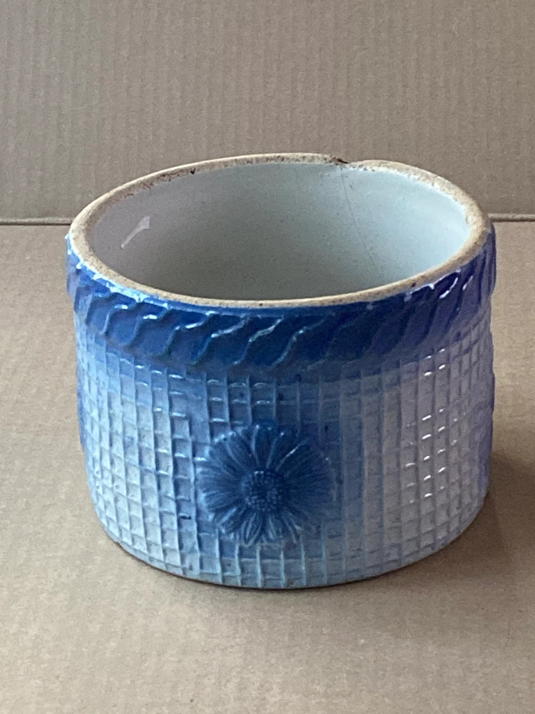 Antique early 1900s Salt Glazed Stoneware Butter Crock Blue Raised Daisies or Sunflowers on Textu... | Etsy (US)