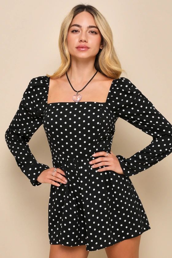 Charmed and Classy Black Polka Dot Long Sleeve Romper | Lulus