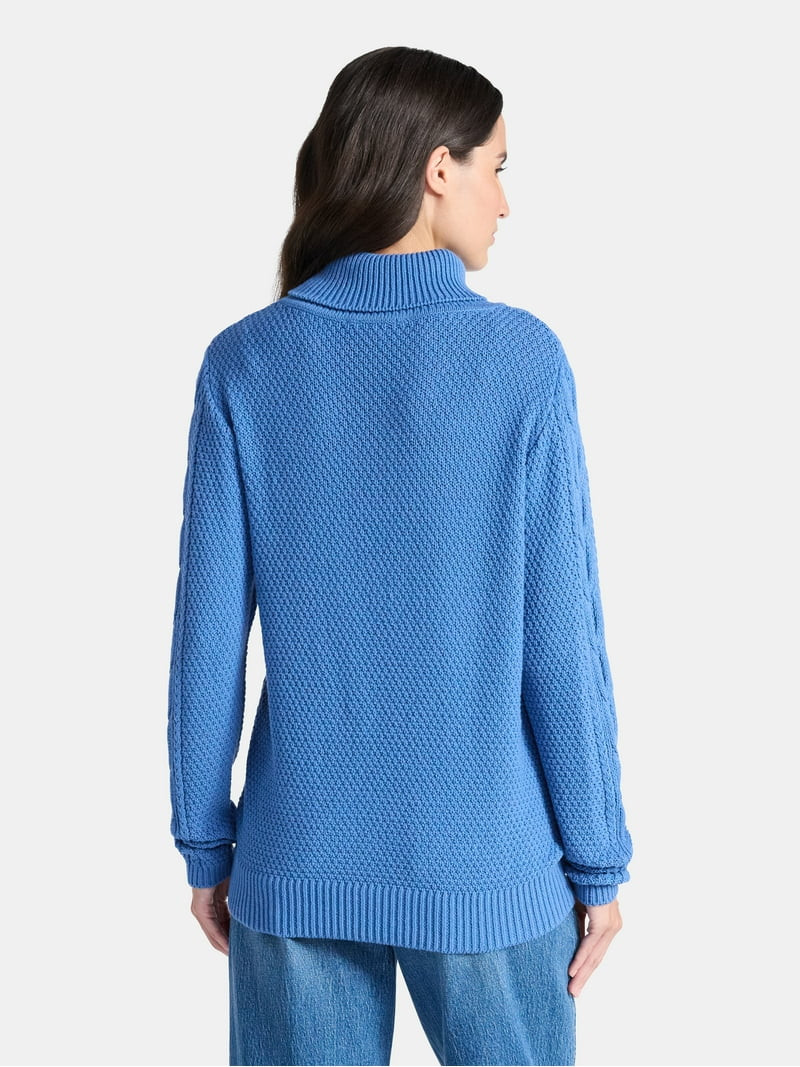 Time and Tru Women’s and Women’s Plus Turtleneck Sweater with Cable Sleeves, Midweight, Sizes... | Walmart (US)