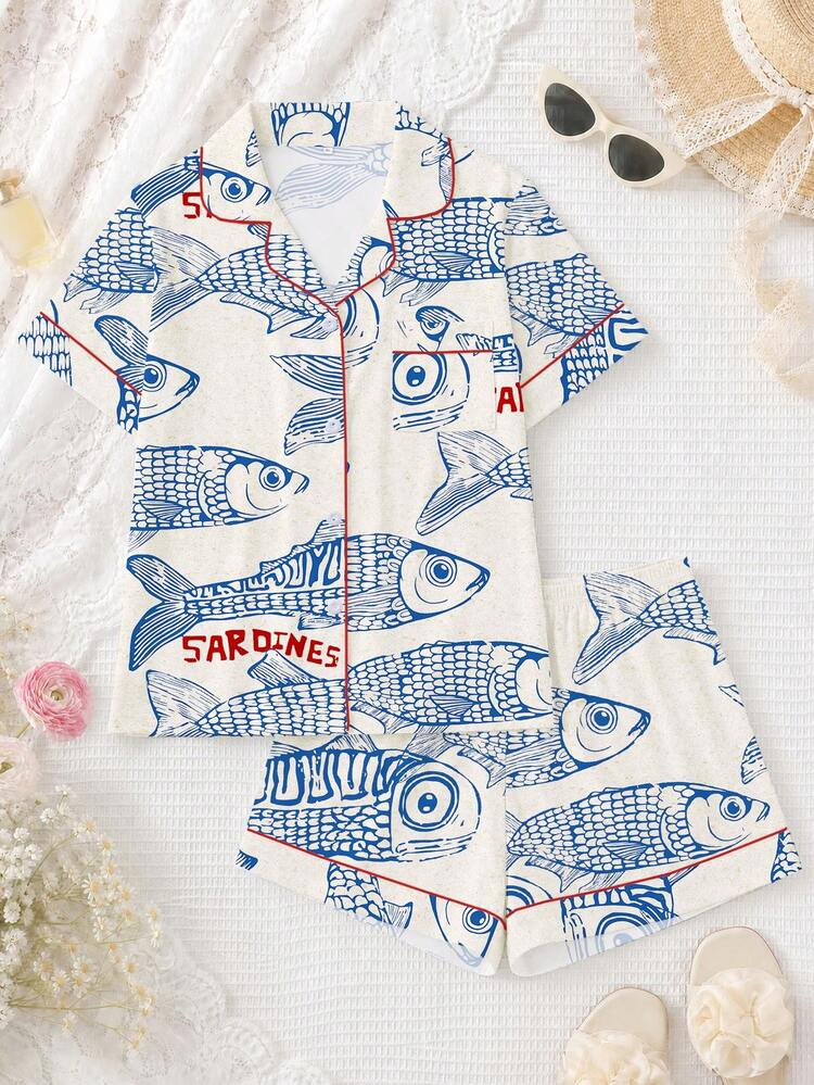 2pcs Women Pajama Set, Sardine Print, Ladies Homewear, Spring/Summer Holiday Outfit, Short Sleeve... | SHEIN