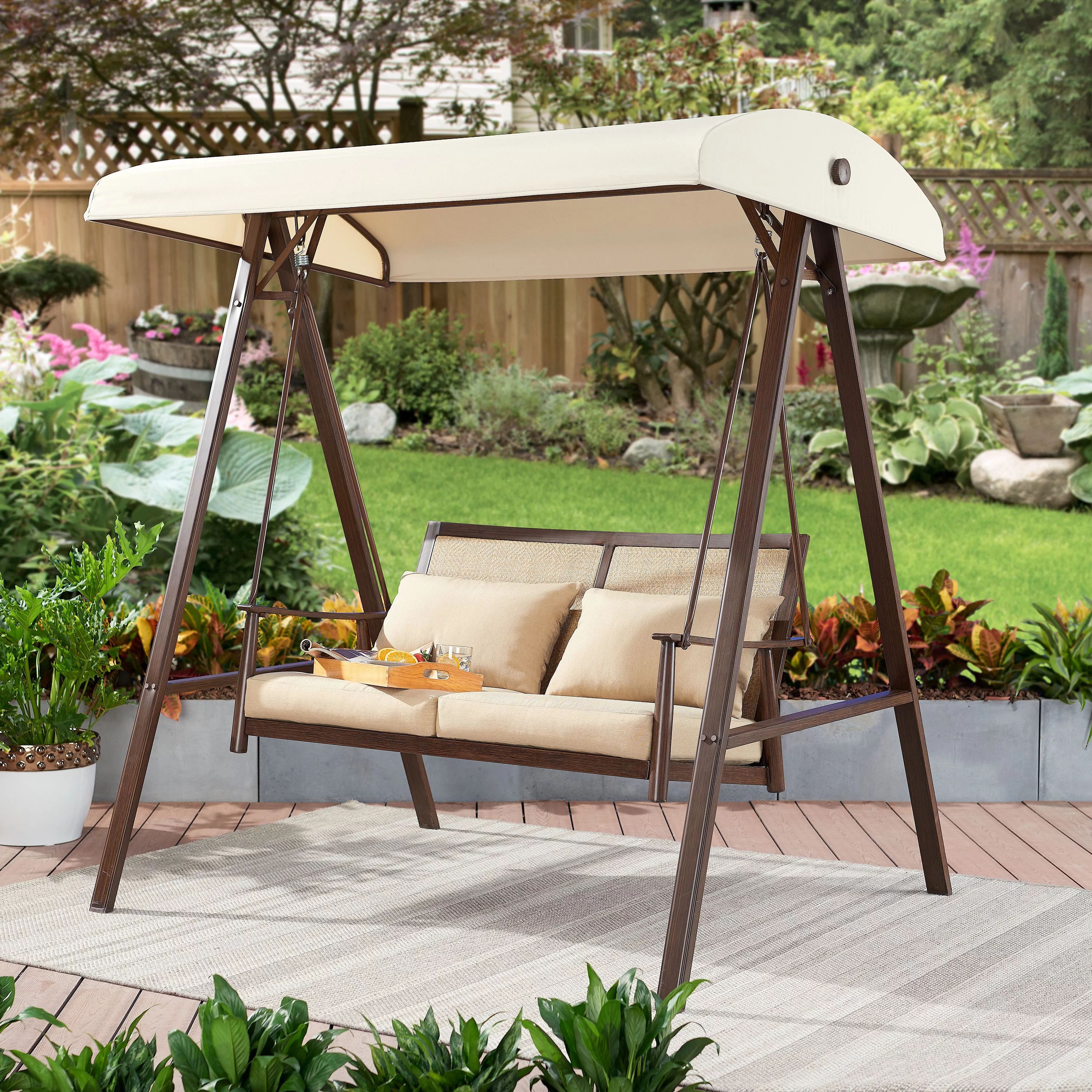 Better Homes & Gardens Vaughn Canopy Patio Swing with Beige Cushions | Walmart (US)
