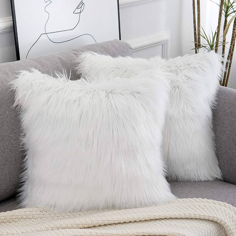 WLNUI Set of 2 White Christmas Decorative Fluffy Pillow Covers New Luxury Series Merino Style Fau... | Amazon (US)