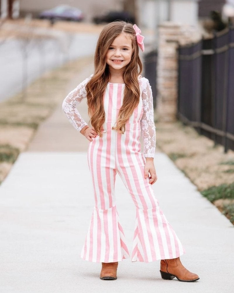 Jaden Tie-Strap Denim Jumpsuit - Pink & White Stripe | Bailey's Blossoms