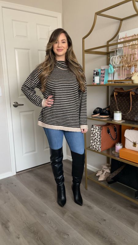 Causal Outfit Idea | Striped Turtleneck Sweater (Small), Distressed Jeans (2), Faux Leather Over the Knee Boots (TTS) | Amazon Fashion, Walmart Fashion | #AmazonFashion #WalmartFashion #OutfitIdea #OutfitInspo #OTKBoots

#LTKstyletip #LTKfindsunder100 #LTKVideo