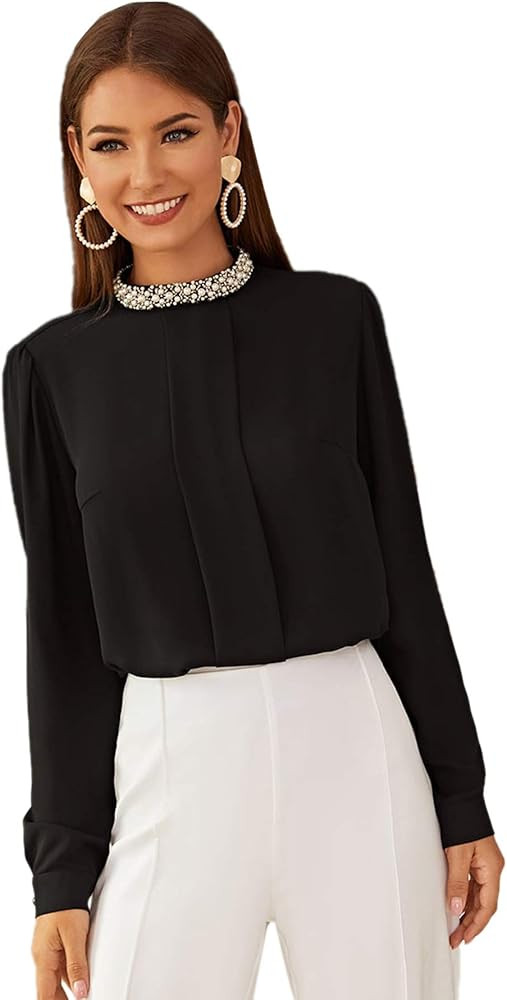 MakeMeChic Women's Pearls Beaded Mock Neck Keyhole Back Long Sleeve Blouse Black S at Amazon Wome... | Amazon (US)