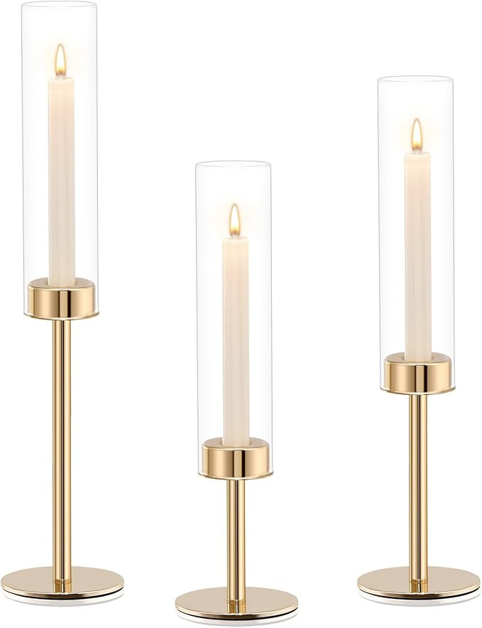 Gold Hurricane Candle Holders Set of 3, Tall Metal & Windproof Glass Taper Candle Holders, Outdoo... | Amazon (US)