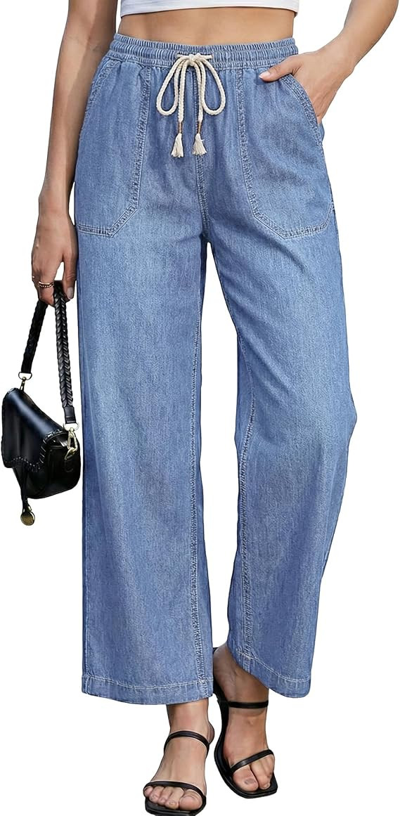 luvamia Wide Leg Jeans for Women Trendy High Waisted Pull On Elastic Waist Drawstring Ankle Lengt... | Amazon (US)